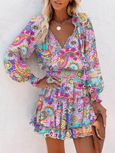 Contrast Color Flower Print Pleated Split-Joint Tied A-Line Long Sleeves V-Neck Mini Dresses