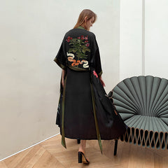 Black Khaki Light Luxury Silky Satin Kimono Robe