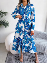Printed Split-Joint Tied Waist Long Sleeves Loose Lapel Shirt Dress