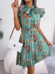 Pleated Floral Printed Tie Neck Knee Length Short Sleeve Dress