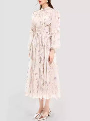 Floral Printed Long Sleeves Ruffled Elegant Chiffon Maxi Dresses