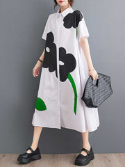 Buttoned Floral Printed Loose Short Sleeves Lapel Collar Midi Dresses
