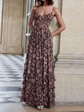 Flower Printed Ruffled Sleevless Spaghetti-Neck Split-Side Maxi Dresses