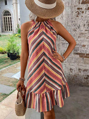 Contrast Color Pleated Split-Joint Striped A-Line Loose Halter-Neck Mini Dresses