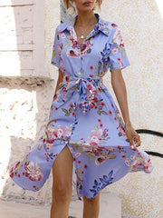 Buttoned Flower Print Tied Waist A-Line Loose Lapel Midi Dresses