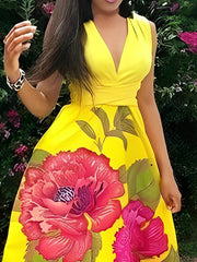 Flower Print Split-Joint A-Line Sleeveless V-Neck Maxi Dresses