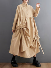 Buttoned Pleated Pockets Solid Color Tied A-Line Long Sleeves Lapel Shirt Dress Midi Dresses