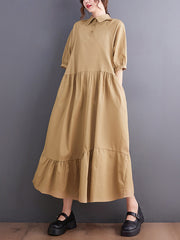 Simple Half Sleeves Loose Solid Color Lapel Collar Midi Dresses