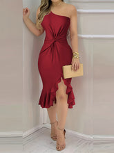 Asymmetric Pleated Solid Color Bodycon High Waisted One-Shoulder Midi Dresses
