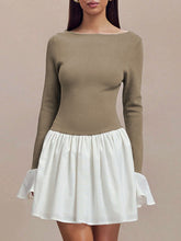 Contrast Color Pleated Split-Joint A-Line Flared Sleeves Round-Neck Mini Dresses