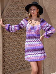 Bohemia Long Sleeves Loose Plain Striped U-Neck Mini Dress