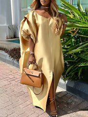 Elasticity Pleated Solid Color Split-Front Half Sleeves Loose V-Neck Maxi Dresses