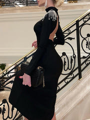 Back Cross Split-side Tasseled Long Sleeves Skinny High Neck Midi Dresses Evening Dresses