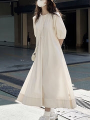 Solid Color Loose Puff Sleeves Round-Neck Midi Dresses