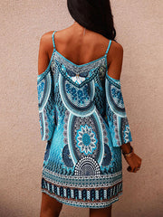 Hollow Printed Split-Joint High Waisted Loose Cold Shoulder Mini Dresses