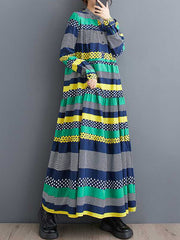 Buttoned Polka-Dot Split-Joint A-Line Long Sleeves Round-Neck Midi Dresses