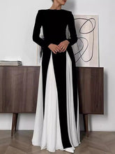 Contrast Color Elasticity Pleated Split-Joint A-Line Long Sleeves Round-Neck Maxi Dresses Evening Dresses
