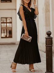 Floral Pleated Solid Color Split-Joint Tied Waist Loose Sleeveless V-Neck Maxi Dresses