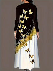 Butterfly Print Pockets A-Line Long Sleeves Round-Neck Maxi Dresses