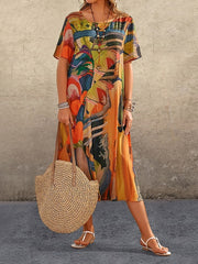 Printed A-Line Loose Round-Neck Midi Dresses