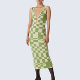Green and White Checkerboard Knit Midi Dress