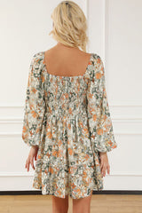 Printed Balloon Sleeve Ruffle Hem Mini Dress Long Sleeve Dress