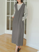 Casual A-Line Sleeveless Solid Color V-Neck Midi Dresses