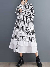 Asymmetric Buttoned Printed Split-Joint A-Line Long Sleeves Lapel Midi Dresses