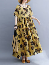 Pleated Printed Split-Joint Loose Short Sleeves Round-Neck Midi Dresses