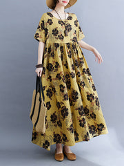Pleated Printed Split-Joint Loose Short Sleeves Round-Neck Midi Dresses