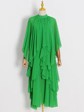 Solid Color Tiered Loose Raglan Sleeve Stand Collar Maxi Dresses