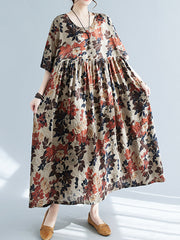 Floral Printed Loose Puff Sleeves Round-Neck Midi Dresses