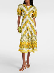 Puff Sleeves Short Sleeves Flower Print Round-Neck Maxi Dresse