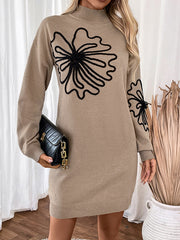 Knitted Flower Split-Joint Long Sleeves Loose Mock Neck Sweater Dresses Mini Dresses