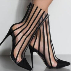 Black Clear Stripes Pointy Toe Stiletto Heel Ankle Booties