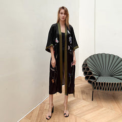 Black Khaki Light Luxury Silky Satin Kimono Robe