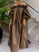 Falbala Pleated Solid Color Loose Puff Sleeves Off-the-shoulder Maxi Dresses