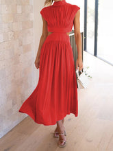 Belly-Hollow Pleated Solid Color Cap Sleeve Stand Collar Maxi Dresses