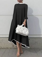 A-line Flared Sleeves Asymmetric Contrast Color Mock Neck Maxi Dresses