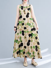 Printed Split-Joint Loose Sleeveless Round-neck Maxi Dresses