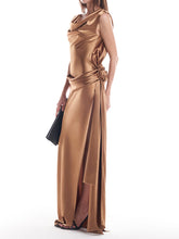 Solid Color Sleeveless Boat Neck Split-Side Satin Evening Maxi Dresses