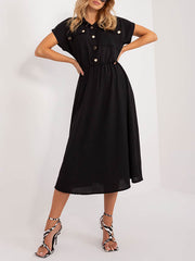 Buttoned Pleated Solid Color A-Line High Waisted Lapel Midi Dresses