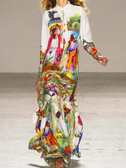 Asymmetric Printed Split-Joint Long Sleeves Loose Lapel Shirt Dress Maxi Dresses