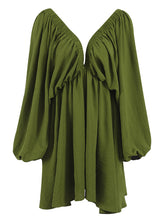 Elasticity Solid Color V-back Long Sleeves Loose Deep V-Neck Mini Dresses