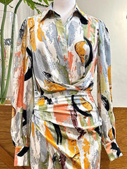 Asymmetric Pleated Printed Split-Joint High Waisted Long Sleeves Deep V-Neck Midi Dresses