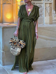 Solid Color V-Neck Bandage Loose Pleated Elegant Maxi Dresses