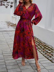 Elasticity Flower Print No Belt Split-side A-line High Waisted V-neck Maxi Dresses