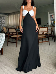 Color-Block Splicing Sleevless Spaghetti-Neck Elegant Wrap Maxi Dresses