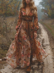 Floral Ruffled Long Sleeves Vintage Maxi Dresses