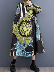 Asymmetric Buttoned Printed Split-Joint A-Line Long Sleeves Lapel Shirt Dress Midi Dresses